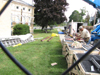 Roof repair materials are staged along Foster Street. Roof repair materials are staged along Foster Street.