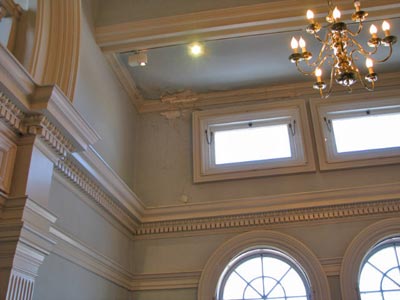Interior water damage to the foyer of the Houghton Memorial Building